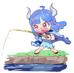 Rule 34 | 1girl, ahoge, blue cape, blue hair, blue skirt, cape, chibi, covered mouth, curled horns, dinosaur girl, fishing, fishing rod, holding, holding fishing rod, horns, long hair, mask, mouth mask, multicolored hair, one piece, pink eyes, pink hair, pink mask, raine (acke2445), red footwear, shirt, skirt, solo, streaked hair, ulti (one piece), white shirt