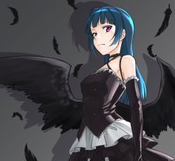 Rule 34 | 10s, 1girl, black background, black feathers, black wings, blue hair, choker, dress, elbow gloves, expressionless, feathers, frilled gloves, frills, frown, gloves, hair bun, layered dress, long hair, looking at viewer, love live!, love live! school idol festival, love live! sunshine!!, purple eyes, rurie (lourie), shadow, side bun, single side bun, solo, tsushima yoshiko, wings