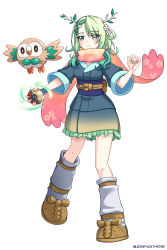 Rule 34 | 1girl, :o, absurdres, antlers, artist name, braid, braided bangs, branch, ceres fauna, commentary, creatures (company), crossover, floral print, flower, forehead, frilled skirt, frills, full moon, game freak, gen 7 pokemon, green eyes, green hair, green nails, hair flower, hair ornament, highres, holding, hololive, hololive english, horns, legs apart, long bangs, long hair, long sleeves, mole, mole under eye, moon, nail polish, nintendo, open mouth, parted bangs, pink scarf, poke ball, pokemon, pokemon (creature), pokemon legends: arceus, pouch, rowlet, scarf, seraphim throne, simple background, single braid, skirt, solo, virtual youtuber, white background, wide sleeves