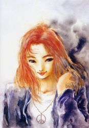 Rule 34 | 1980s (style), 1girl, christina mackenzie, closed mouth, collarbone, green eyes, gundam, gundam 0080, highres, lips, long hair, long sleeves, looking at viewer, mikimoto haruhiko, official art, oldschool, orange hair, red hair, retro artstyle, shirt, simple background, solo, t-shirt, upper body, white background