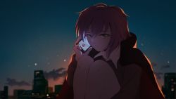 Rule 34 | 1girl, black coat, blue sky, cellphone, city, closed mouth, cloud, coat, collared shirt, commentary request, cookie (touhou), expressionless, feet out of frame, geru futota, hair between eyes, highres, holding, holding phone, hotaru kago, knees to chest, looking at viewer, outdoors, phone, purple eyes, purple hair, remilia scarlet, shirt, short hair, signature, sky, smartphone, solo, sunset, touhou, white shirt