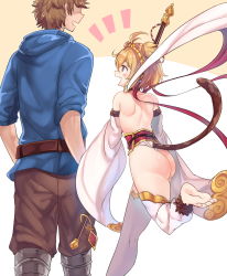 Rule 34 | 1boy, 1girl, andira (granblue fantasy), animal ears, armor, ass, backless leotard, bare shoulders, barefoot, blonde hair, breasts, brown hair, brown pants, child, commentary request, detached leggings, detached sleeves, erune, faceless, faceless male, feet, from behind, fur trim, gauntlets, gran (granblue fantasy), granblue fantasy, hairband, height difference, highres, leotard, looking at another, monkey ears, monkey tail, open mouth, pants, rayno, revealing clothes, short hair, sideboob, small breasts, staff, standing, tail, thighhighs, thighs, walking, white leotard, white thighhighs