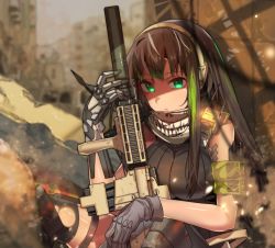 Rule 34 | 1girl, armband, assault rifle, bandana, black thighhighs, breasts, brown hair, closed mouth, cosplay, day, erere, girls&#039; frontline, gloves, glowing, glowing eyes, green eyes, green hair, grey gloves, gun, hand on own knee, holding, holding gun, holding weapon, idolmaster, idolmaster cinderella girls, large breasts, long hair, looking at viewer, m4 carbine, m4a1 (girls&#039; frontline), m4a1 (girls&#039; frontline) (cosplay), multicolored hair, outdoors, ribbed sweater, rifle, ruins, shibuya rin, sidelocks, sitting, sleeveless, sleeveless turtleneck, solo, streaked hair, suppressor, sweater, thigh strap, thighhighs, torn clothes, torn thighhighs, tsurime, turtleneck, turtleneck sweater, vertical forward grip, weapon