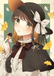 Rule 34 | 1girl, autumn leaves, black capelet, black hair, black hat, blush, bow, bowtie, capelet, center frills, colored inner hair, commentary request, crescent, food, frilled sleeves, frills, hair ribbon, hat, hat bow, highres, holding, holding food, kaede (mmkeyy), light brown hair, lips, long sleeves, looking at viewer, medium hair, multicolored hair, parted lips, red bow, red bowtie, ribbon, shirt, solo, star (symbol), touhou, upper body, usami renko, white bow, white ribbon, white shirt