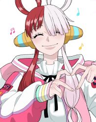 Rule 34 | 1girl, beamed sixteenth notes, commentary request, dress, eighth note, eyebrows hidden by hair, hair over one eye, hair rings, headphones, heart, heart hands, highres, jacket, kotaa, multicolored hair, musical note, one piece, one piece film: red, quarter note, red hair, smile, solo, split-color hair, two-tone hair, upper body, uta (one piece), white dress, white hair