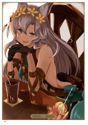 Rule 34 | 1girl, :d, animal ears, artist name, backless outfit, black gloves, card (medium), character name, flower, gloves, granblue fantasy, green eyes, hair between eyes, hair flower, hair ornament, highres, long hair, nemone, open mouth, page number, silver hair, sitting, sleeveless, smile, solo, very long hair, yatsuka (846), yellow flower