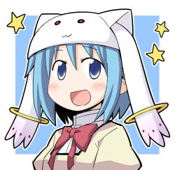 Rule 34 | 10s, :3, blue eyes, blue hair, blush, close-up, hat, hat with ears, kyubey, mahou shoujo madoka magica, mahou shoujo madoka magica (anime), miki sayaka, nekotoufu, open mouth, school uniform, short hair, smile, solo, star (symbol)