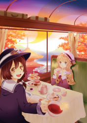 Rule 34 | 2girls, architecture, autumn, bag, blonde hair, blush, bow, brown eyes, brown hair, cake, cup, dessert, dinning car, east asian architecture, eating, female focus, food, fruit, green upholstery, hair ribbon, hat, hat bow, hat ribbon, lemon, long hair, macaron, magazine (object), maribel hearn, multiple girls, necktie, open mouth, pastry, plate, purple eyes, ribbon, saucer, short hair, sitting, skirt, smile, strawberry, suja (ufo85go), sunset, table, tablecloth, tea, teacup, teapot, tiered tray, touhou, tower, train, train interior, tree, usami renko