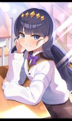 Rule 34 | 1girl, black hair, blue eyes, blunt bangs, bow, bowtie, brown dress, brown sailor collar, cardigan, chair, classroom, commentary, delicious party precure, desk, dress, elbow rest, hair ornament, head rest, highres, indoors, kasai amane, letterboxed, long hair, looking at viewer, meshiya (naruga-501-kuaru), open mouth, precure, purple bow, purple bowtie, sailor collar, school chair, school desk, school uniform, serafuku, shinsen middle school uniform, sitting, smile, solo, sunlight, white cardigan