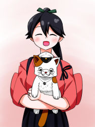 Rule 34 | 10s, 1girl, animal, bad id, bad pixiv id, cat, closed eyes, commentary request, hair ribbon, hakama, hakama short skirt, hakama skirt, hat, holding, holding animal, holding cat, houshou (kancolle), inu niku, japanese clothes, kantai collection, long hair, open mouth, ponytail, ribbon, simple background, skirt, smile, tasuki