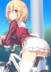 Rule 34 | 1girl, ass, bicycle, blurry, blush, brown hair, character request, day, depth of field, eyebrows, from behind, hair between eyes, highres, hiraga matsuri, hirasato, leaning forward, looking at viewer, looking back, original, pole, purple eyes, school uniform, short hair, sketch, skirt, sky, solo, thighhighs, white thighhighs
