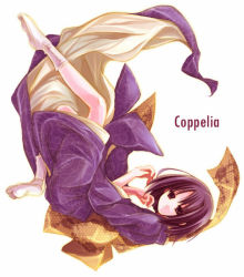 Rule 34 | 1girl, bow, closed mouth, expressionless, floral print, from side, full body, japanese clothes, kara no kyoukai, kimono, legs up, long sleeves, looking at viewer, looking to the side, purple eyes, purple hair, purple kimono, ryougi shiki, sash, short hair, simple background, socks, soles, solo, tabi, tokitsukaze otoha, white background, wide sleeves, yellow bow