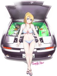 Rule 34 | &gt;:), 10s, 1girl, ayase eli, bad id, bad pixiv id, bare arms, bare legs, bikini, blonde hair, blue eyes, breasts, car, cleavage, artistic error, front-tie bikini top, front-tie top, grin, halterneck, highres, leaning, looking at viewer, love live!, love live! school idol project, medium breasts, motor vehicle, nail polish, navel, on vehicle, parted lips, ponytail, sandals, side-tie bikini bottom, sitting, smile, solo, string bikini, sweeter (h110111), swimsuit, thigh gap, toyota, toyota supra, toyota supra mk iii, v-shaped eyebrows, vehicle, vehicle focus, white bikini