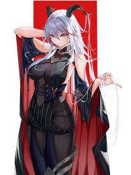 Rule 34 | 1girl, aegir (azur lane), asymmetrical footwear, azur lane, bare shoulders, black cape, bodystocking, boots, breast curtains, breasts, cape, covered navel, cross, cross-laced clothes, demon horns, hair in own mouth, hair on horn, hair over breasts, highres, horns, impossible clothes, iron cross, knee boots, large breasts, long hair, multicolored hair, red background, red hair, silver hair, single knee boot, skin tight, skindentation, solo, standing, streaked hair, two-tone background, two-tone hair, underbust, uneven footwear, very long hair, white background, y yion, yellow eyes