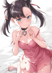 Rule 34 | 1girl, asymmetrical bangs, bare arms, bare shoulders, barefoot, bed sheet, black choker, black hair, black nails, blue eyes, blush, breasts, choker, cleavage, closed mouth, collarbone, commentary request, creatures (company), dress, feet, fingers to mouth, game freak, hair ribbon, kurasawa moko, long hair, looking at viewer, marnie (pokemon), nail polish, nintendo, pink dress, pokemon, pokemon swsh, red ribbon, ribbon, short dress, sitting, sleeveless, sleeveless dress, small breasts, smile, solo, strap slip, toenail polish, toenails, toes, twintails, wariza