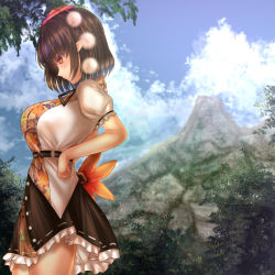 Rule 34 | 1girl, arched back, belt, black hair, black skirt, blue sky, breasts, clenched hand, cloud, commentary request, cowboy shot, day, feather fan, forest, from side, hand fan, hands on own hips, hat, highres, holding, holding fan, large breasts, leaf print, light particles, light smile, looking down, looking to the side, mountain, nature, outdoors, petticoat, pointy ears, pom pom (clothes), profile, puffy short sleeves, puffy sleeves, red eyes, shameimaru aya, shirt, short hair, short sleeves, shounen (hogehoge), skirt, sky, solo, standing, tokin hat, touhou, tree, untucked shirt, white shirt, youkai mountain