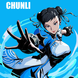 Rule 34 | 1girl, absurdres, black eyes, black hair, blue background, blue dress, breasts, capcom, china dress, chinese clothes, chun-li, cleavage cutout, closed mouth, clothing cutout, double bun, dress, grey ribbon, hair bun, hair ribbon, highres, kumo33, large breasts, looking at viewer, makeup, mascara, nail polish, outstretched arms, red lips, red nails, ribbon, short hair, short sleeves, smile, solo, street fighter, street fighter 6, two-tone dress, white dress