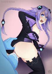 Rule 34 | 1boy, 1girl, ass grab, blue eyes, braid, clothed sex, cum, cum in pussy, doggystyle, dogoo, grabbing, hair ornament, hetero, highres, neptune (neptunia), neptune (series), penis, pov, purple heart (neptunia), sex, sex from behind, solo focus, symbol-shaped pupils, twin braids, uncensored, vaginal