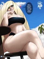 Rule 34 | 1girl, absurdres, bandeau, bare arms, bare legs, bare shoulders, beach, bikini, black bikini, black nails, blonde hair, blue sky, breasts, chair, cleavage, cloud, commentary, commentary request, creatures (company), crossed legs, day, echo saber, english commentary, english text, feet out of frame, from below, game freak, gen 7 pokemon, glasses, green eyes, hand up, heart, highres, large breasts, looking at viewer, looking down, lusamine (pokemon), mature female, nail polish, navel, nihilego, nintendo, paid reward available, palm tree, patreon username, pokemon, pokemon sm, round eyewear, sitting, sky, solo, speech bubble, stomach, strapless, strapless bikini, sunglasses, swimsuit, thick thighs, thighs, tree, tube top, ultra beast