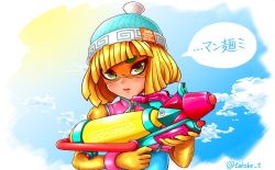 Rule 34 | 1girl, arms (game), beanie, blonde hair, green eyes, hat, highres, looking at viewer, mask, min min (arms), nintendo, short hair, solo, super soaker, takobe