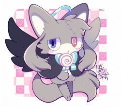 Rule 34 | 1other, androgynous, animal, animal ears, bayachao, black tunic, blush, candy, flying, food, furry, grey fur, jewelry, lollipop, long tail, original, ribbon, ring, short twintails, stitching, striped ribbon, tail, twintails, wings