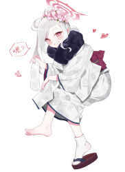 Rule 34 | 1girl, absurdres, blue archive, commentary request, flower, full body, grey hair, hair flower, hair ornament, halo, heart, highres, japanese clothes, kimono, long sleeves, mutsuki (blue archive), mutsuki (new year) (blue archive), official alternate costume, pink eyes, pink flower, pink halo, simple background, socks, solo, white background, white kimono, white socks, wide sleeves, zhuozhuozhuo