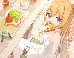Rule 34 | 1girl, bare arms, bare shoulders, blonde hair, blue eyes, bread slice, chair, cup, dress, drink, drinking glass, eating, flower girl (yuuhagi (amaretto-no-natsu)), food, food art, fork, fried egg, hair between eyes, holding, holding food, indoors, long hair, on chair, original, saucer, sleeveless, sleeveless dress, solo, spoon, table, tako-san wiener, toast, very long hair, white dress, wooden floor, yuuhagi (amaretto-no-natsu)