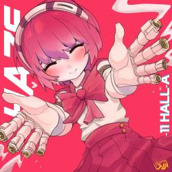 Rule 34 | 1girl, bad id, bad twitter id, blush, bow, bowtie, closed eyes, cyberpunk, dorothy haze, english text, finger gun, hairband, highres, little ouji, pink background, signature, smile, smoke, solo, va-11 hall-a