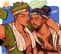 Rule 34 | ..., 2boys, arm around neck, artist name, asian, beard, brothers, collarbone, commentary, crossed arms, english commentary, english text, facial hair, genji (overwatch), green hair, green shirt, hachimaki, hachiwi, hanzo (overwatch), happi, headband, highres, holding, holding phone, japanese clothes, looking at another, male focus, multiple boys, official alternate costume, overwatch, pectoral cleavage, pectorals, phone, selfie, shirt, short hair, siblings, simple background, summer, sweat, sweatdrop, nervous sweating, taking picture, upper body, v-shaped eyebrows