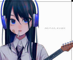 Rule 34 | 1girl, bad id, bad pixiv id, bandaid, bandaid on face, black hair, blue eyes, cigarette, collared shirt, grey shirt, guitar, headphones, instrument, long hair, looking at viewer, mouth hold, necktie, original, ritao kamo, shirt, simple background, solo, striped necktie, striped neckwear, twitter username, white background