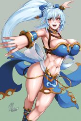 Rule 34 | abs, absurdres, alternate breast size, armor, bikini armor, breasts, bursting breasts, cleavage, hair ribbon, happy, highres, huge breasts, large breasts, loincloth, long hair, meru (dragoon), noxcuro, ponytail, revealing clothes, ribbon, the legend of dragoon, thick thighs, thighs, very long hair, white hair, wide hips