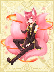 Rule 34 | 1girl, animal ear fluff, animal ears, bare shoulders, between legs, black dress, black footwear, black pants, black sleeves, boots, closed mouth, copyright request, detached sleeves, dress, fire, fox ears, fox girl, fox tail, full body, hand between legs, high heel boots, high heels, kitsune, long sleeves, pants, red eyes, red hair, shikito (yawa0w0), sleeveless, sleeveless dress, solo, standing, tail