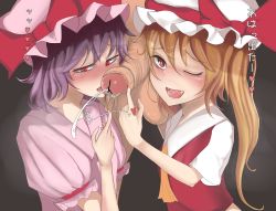 Rule 34 | 1boy, 2girls, ;d, bad id, bad pixiv id, blonde hair, blue hair, blush, censored, cum, ejaculation, fang, fellatio, flandre scarlet, foreskin, foreskin pull, frills, heart, licking, licking penis, long hair, menbo (ore menbou), multiple girls, one eye closed, open mouth, oral, oremenbo, penis, penis on face, phimosis, pointless censoring, red eyes, remilia scarlet, short hair, side ponytail, smegma, smile, tongue, tongue out, touhou, translation request