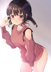 Rule 34 | 1girl, absurdres, bad id, bad pixiv id, bare shoulders, between legs, black hair, blush, braid, closed mouth, collarbone, commentary request, cowboy shot, gradient background, hand up, highres, leaning forward, long hair, long sleeves, looking at viewer, no pants, off-shoulder, off-shoulder sweater, off shoulder, original, panties, pink sweater, purple eyes, sidelocks, single braid, sleeves past wrists, solo, standing, sweater, thighs, underwear, white panties, yushima