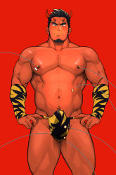 Rule 34 | 1boy, animal print, bara, black eyes, black hair, black male underwear, blush, bulge, chinese zodiac, colored skin, detached sleeves, erection, erection under clothes, facial hair, fangs, feet out of frame, food, goatee, highres, horns, large pectorals, loincloth, male focus, male underwear, monster boy, motion lines, multiple horns, muscular, muscular male, navel, navel hair, nipples, original, pectorals, pout, print male underwear, red skin, short hair, sideburns, skin-covered horns, solo, spiked hair, stomach, tarutoru, teasing, thick eyebrows, thick thighs, thighs, tiger print, topless male, undercut, underwear, underwear only, year of the tiger, yellow male underwear