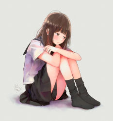 Rule 34 | 1girl, bad id, bad pixiv id, black skirt, black socks, blunt bangs, blush, brown eyes, brown hair, closed mouth, expressionless, full body, grey background, highres, hugging own legs, kneehighs, knees to chest, knees up, long hair, looking away, looking down, nakamura hinata, no shoes, original, school uniform, serafuku, shirt, short sleeves, simple background, sitting, skirt, socks, solo, white shirt