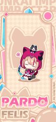 Rule 34 | 1girl, = =, animal, animal hood, animal on head, black cat, black footwear, black gloves, black thighhighs, can (honkai impact), cat, cat girl, cat hood, cat on head, cat tail, character name, chibi, chin, chinese commentary, closed eyes, closed mouth, crossed arms, fingerless gloves, furrowed brow, gloves, highres, honkai (series), honkai impact 3rd, hood, hoodie, jacket, light brown hair, logo, multicolored hair, official alternate costume, official art, official wallpaper, on head, pardofelis (honkai impact), pink hoodie, pink jacket, pink sleeves, single bare leg, single thighhigh, sitting, skirt, streaked hair, tail, thighhighs, white skirt