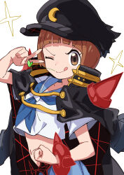Rule 34 | 1girl, :q, absurdres, black cape, black headwear, blue neckerchief, blue sailor collar, brown eyes, brown hair, cape, clenched hand, crop top, from side, gazacy (dai), highres, kill la kill, mankanshoku mako, navel, neckerchief, official alternate costume, sailor collar, shirt, short hair, short sleeves, smile, solo, sparkle, stomach, tongue, tongue out, v over eye, white background, white shirt