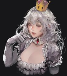 Rule 34 | 1girl, absurdres, black background, breasts, brooch, cleavage, commentary, crown, elbow gloves, fangs, fangs out, gloves, grey gloves, grey hair, half-closed eyes, hand up, highres, huge filesize, jewelry, large breasts, long hair, looking at viewer, luigi&#039;s mansion, mario (series), messy hair, mini crown, new super mario bros. u deluxe, nintendo, parted lips, princess king boo, red eyes, rsef, simple background, solo, super crown, upper body