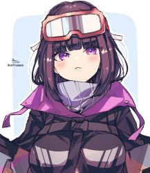 Rule 34 | 1girl, :&lt;, black hair, black jacket, blue background, blush, breasts, closed mouth, commentary request, fate/grand order, fate (series), goggles, goggles on head, high collar, highres, jacket, long hair, medium breasts, osakabehime (fate), osakabehime (swimsuit archer) (fate), outline, purple eyes, signature, ski goggles, sofra, solo, twitter username, two-tone background, upper body, white background, white outline
