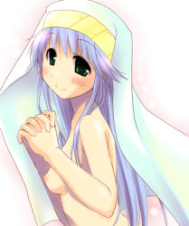 Rule 34 | 00s, 1girl, blue hair, blush, breasts, completely nude, green eyes, habit, index (toaru majutsu no index), long hair, lowres, nude, small breasts, smile, solo, theta (ponkotsu works), toaru majutsu no index