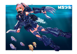 Rule 34 | 1girl, absurdres, ag 00000, brown eyes, claws, dual wielding, fish, gundam, gundam unicorn, highres, holding, holding knife, knife, mecha musume, personification, pink hair, rebreather, solo, swimming, twintails, underwater, zee zulu, zeon