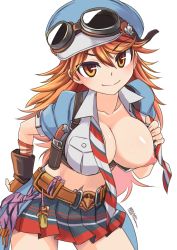 Rule 34 | 10s, breasts, brown eyes, brown hair, gloves, goggles, granblue fantasy, hand on own hip, highres, large breasts, long hair, looking at viewer, mary (granblue fantasy), midriff, navel, nipples, one breast out, open clothes, open shirt, shirt, simple background, smile, solo, thighs, tokihama jirou, white background