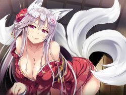 Rule 34 | 1girl, :q, animal ears, bare shoulders, blush, breasts, cleavage, collarbone, fox ears, fox tail, hair ornament, hair stick, japanese clothes, kimono, large breasts, long hair, looking at viewer, multiple tails, obi, off shoulder, original, purple eyes, sash, silver hair, smile, solo, tail, tongue, tongue out, utsurogi akira, wide hips, yuujo