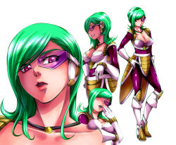Rule 34 | 1girl, armor, blush, boots, breasts, cleavage, collarbone, dragon ball, dragonball z, female focus, gloves, green hair, hand on own hip, jewelry, laughing, looking at viewer, necklace, original, pink-tinted eyewear, purple-tinted eyewear, purple eyes, saiyan, scouter, tagme, tinted eyewear
