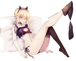 Rule 34 | 1girl, animal ears, artoria pendragon (all), artoria pendragon (fate), ass, astarone, blonde hair, breasts, cat ears, cat lingerie, fate/stay night, fate (series), hair bun, image sample, looking at viewer, meme attire, panties, pillow, resolution mismatch, saber (fate), saber alter, single hair bun, socks, solo, source larger, underwear, yellow eyes