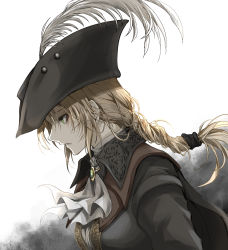Rule 34 | 1girl, absurdres, ascot, blonde hair, bloodborne, breasts, brown hat, collared cloak, commentary request, expressionless, from side, green eyes, grey background, hair ornament, hat, hat feather, highres, lady maria of the astral clocktower, long hair, long sleeves, medium breasts, ponytail, shimoda masaya, solo, tricorne, two-tone background, upper body, white background