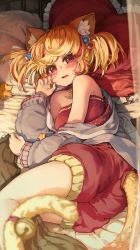 Rule 34 | 1girl, absurdres, animal ear fluff, animal ears, ass, bare shoulders, bell, blonde hair, blurry, blush, cat ears, cat tail, coat, collarbone, commission, depth of field, dress, eyebrows hidden by hair, feet out of frame, grey coat, hair bobbles, hair ornament, hand up, highres, indoors, jingle bell, light smile, long sleeves, looking at viewer, lying, melaton, multicolored hair, off-shoulder dress, off shoulder, on side, open mouth, original, puffy long sleeves, puffy sleeves, red dress, red eyes, short twintails, skeb commission, solo, star (symbol), streaked hair, tail, teeth, twintails, upper teeth only