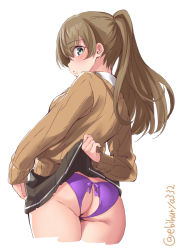 Rule 34 | 1girl, ass, ass cutout, backless panties, black skirt, blue eyes, blush, breasts, brown hair, brown sweater, butt crack, clothes lift, clothing cutout, collared shirt, cowboy shot, cropped legs, ebifurya, flashing, from behind, high ponytail, highres, kantai collection, kumano (kancolle), legs together, lifted by self, long hair, looking at viewer, looking back, medium breasts, miniskirt, open mouth, panties, pantyshot, pleated skirt, ponytail, purple panties, shirt, simple background, skirt, skirt lift, solo, standing, sweater, thighs, twitter username, underwear, white background