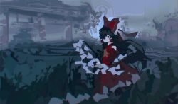 Rule 34 | 1girl, :/, abstract background, black eyes, black hair, bow, commentary, detached sleeves, dress, frilled bow, frills, gohei, hair bow, hair tubes, hakurei reimu, highres, holding, holding gohei, kyoku hakaimado, one eye covered, red bow, red dress, scenery, solo, touhou